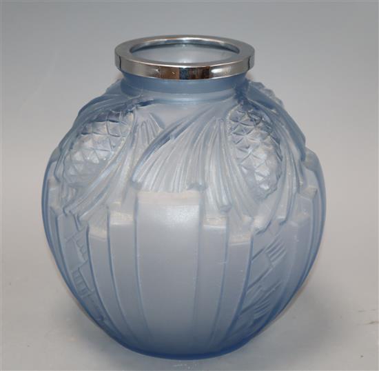 A French Art Deco blue frosted glass vase, signed P. De Cagny H.20cm